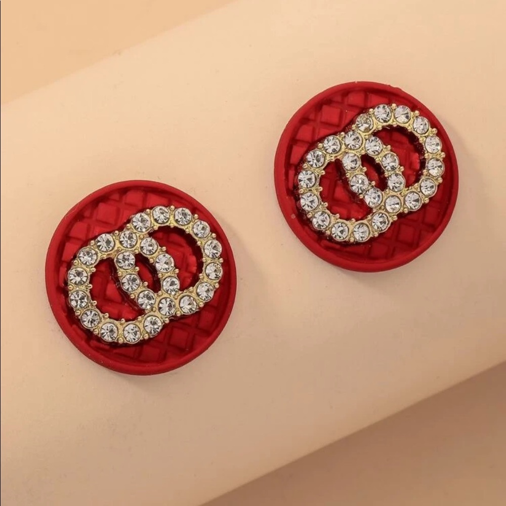 NEW Red & Rhinestone Round Decor Earrings